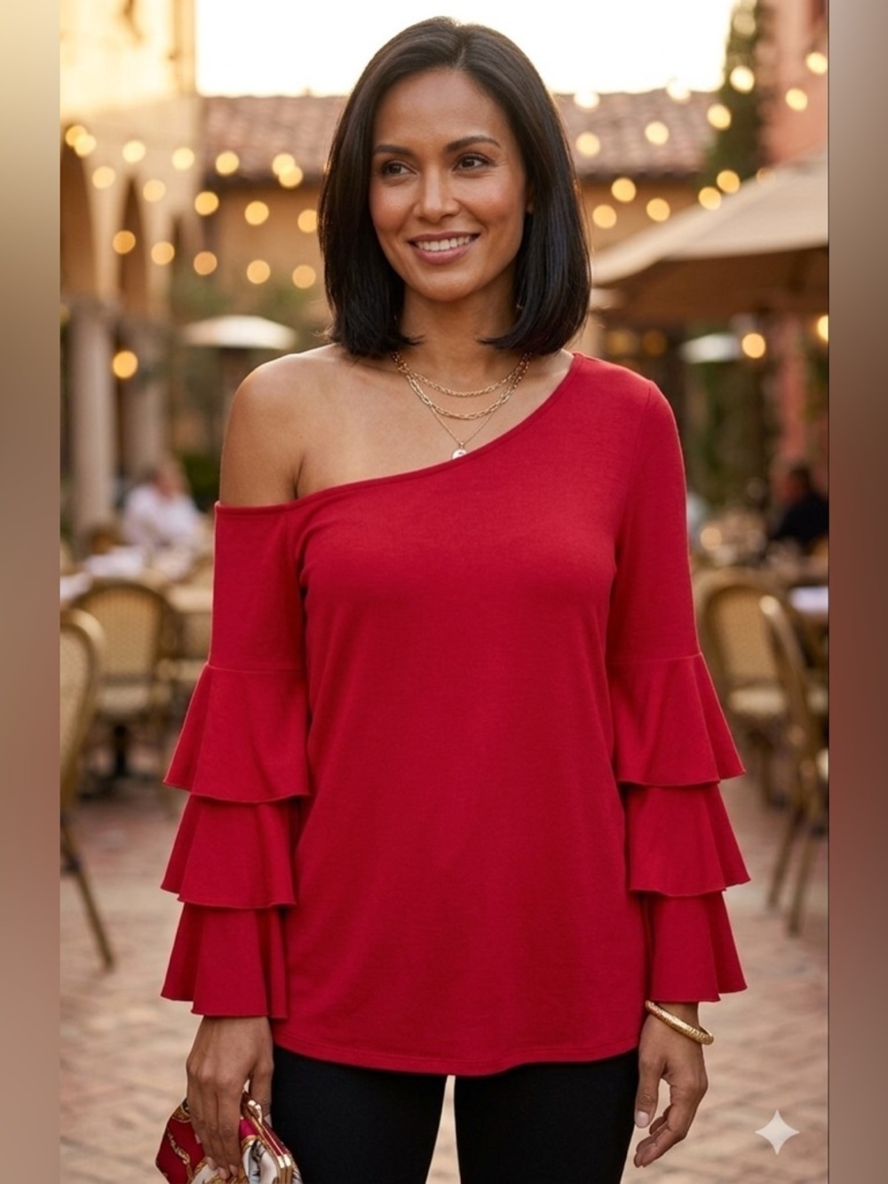 Boston Proper | Red One Shoulder Layered Tiered Sleeve Knit Blouse | Sz L